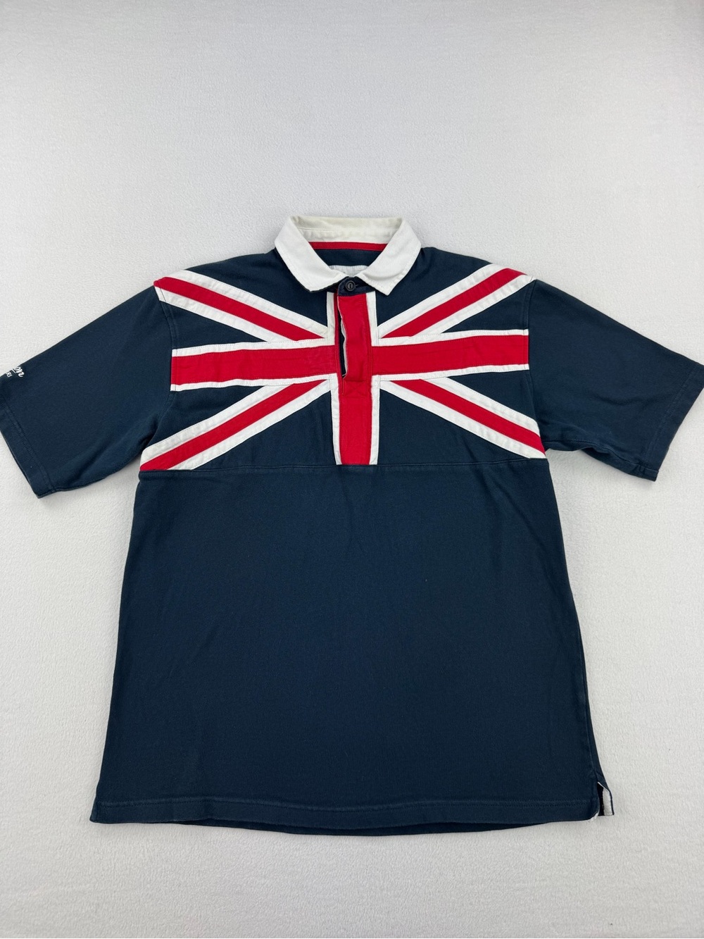 Vintage 90s Cotton Traders Union Jack Navy Blue Rugby Polo Shirt Men Size L